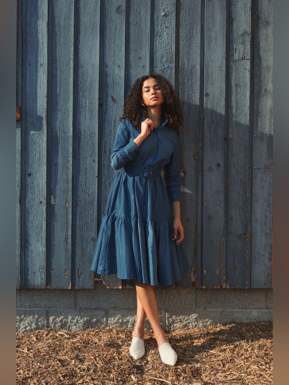 Mac Duggal 21024 NWT Blue Faille Long Sleeve Collared Midi Dress With Belt